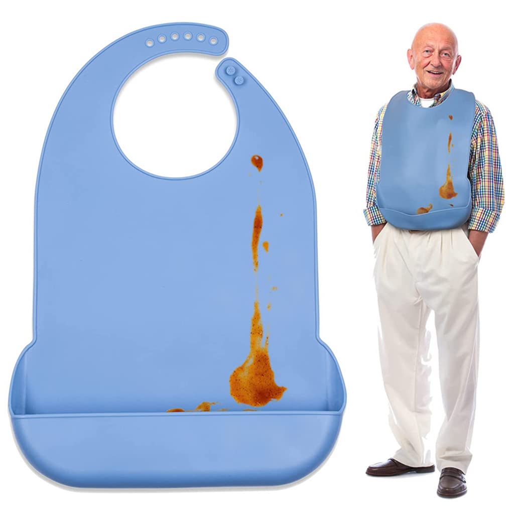 Silicone Adult Bibs Small Reusable Bib with Catch-All Pocket & Adjustable Neck Strap, Waterproof Dining Bibs for Elders, Patient, Easy To Clean 17.7x11.4 Inches (Blue)-image-37