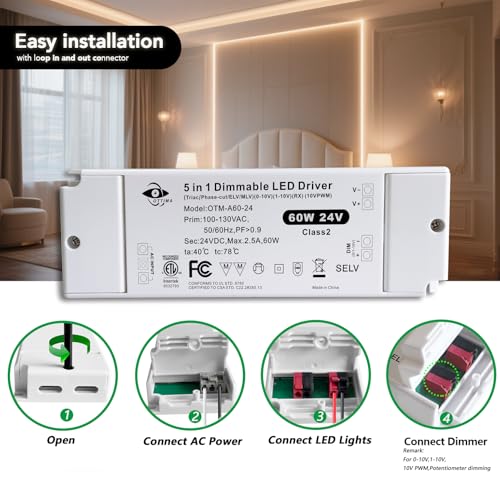 Image of LED Driver 60W 24V Triac /Phase Cut, 0-10V, 1-10V, 10V PWM Dimming LED Power Supply, Flicker-Free Constant Voltage 100-130V AC to DC Transformer Compatible with Lutron&Leviton Switches, ETL Listed