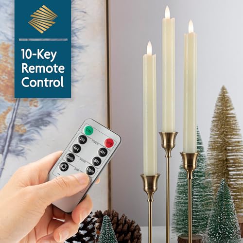 Image of Flameless Taper Candles with Remote, Real Wax Battery Operated LED Candles with 3D Flickering Flame, 9.6 inch 3PCS Ivory Realistic Dripless Candlesticks for Home Wedding Decor, Mother's Day Gifts
