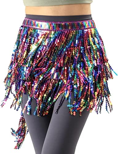 Women's Pride Stuff Sparkly Sequins Rainbow Skirt Belly Dancing Hip Scarf, Multicolor Purple, One Size