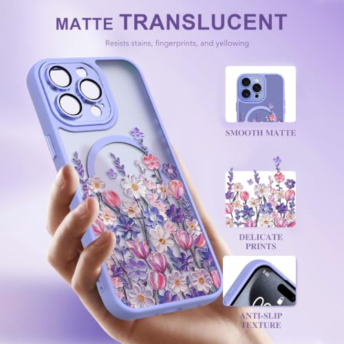 Image of Magnetic for iPhone 15 Pro Max Case with for Women, Purple Floral | Cute Oil Painting Flower Pattern Design [Compatible with MagSafe] [Full Camera Protection] Translucent Slim Shockproof Cover