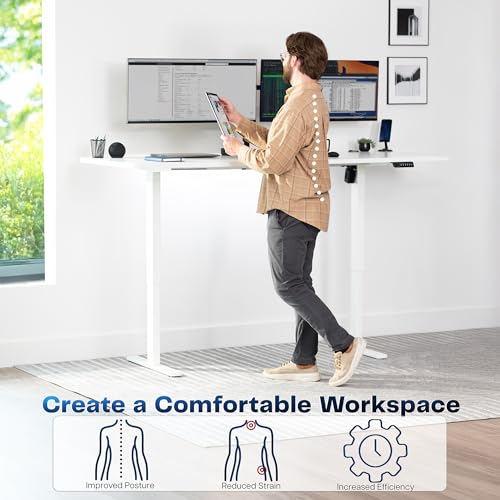 Image of VIVO White 83 x 30 in Standing Desk, DESK-KIT-1W8W | Electric, Holds 220 lbs, Sit Stand, Height Adjustable, Extra Deep Table Top, Memory Presets, 1B Series, White Frame
