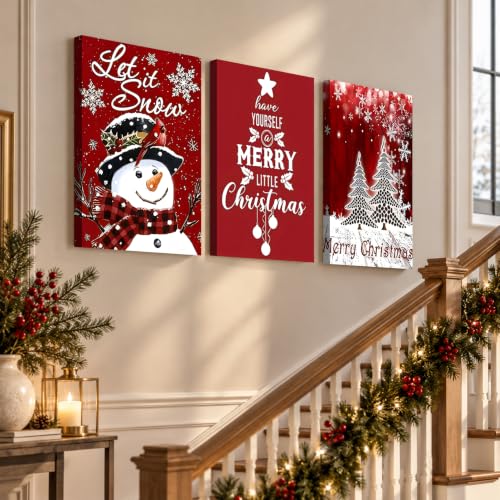Image of Vintage Christmas Snowman 3 Panel Wall Art, Framed Canvas Prints