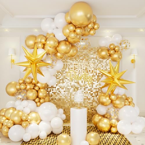 146pcs White and Gold Balloons Garland Arch Kit with Gold Exploding Star Foil Balloons for Graduation Wedding Engagement New Years Birthday Party Decorations