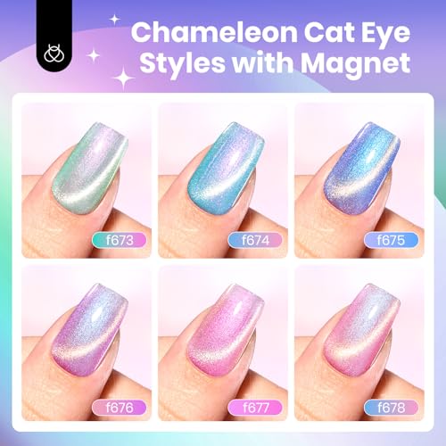 Image of Beetles Cat Eye Gel Nail Polish Set - Prismatic Mirage 6 Colors Summer Cat Eye Shimmer Glitter Gel Polish Kit Mermaid Pink Blue Purple Green 9D Holographic Soak Off UV Nail Art Gift for Women