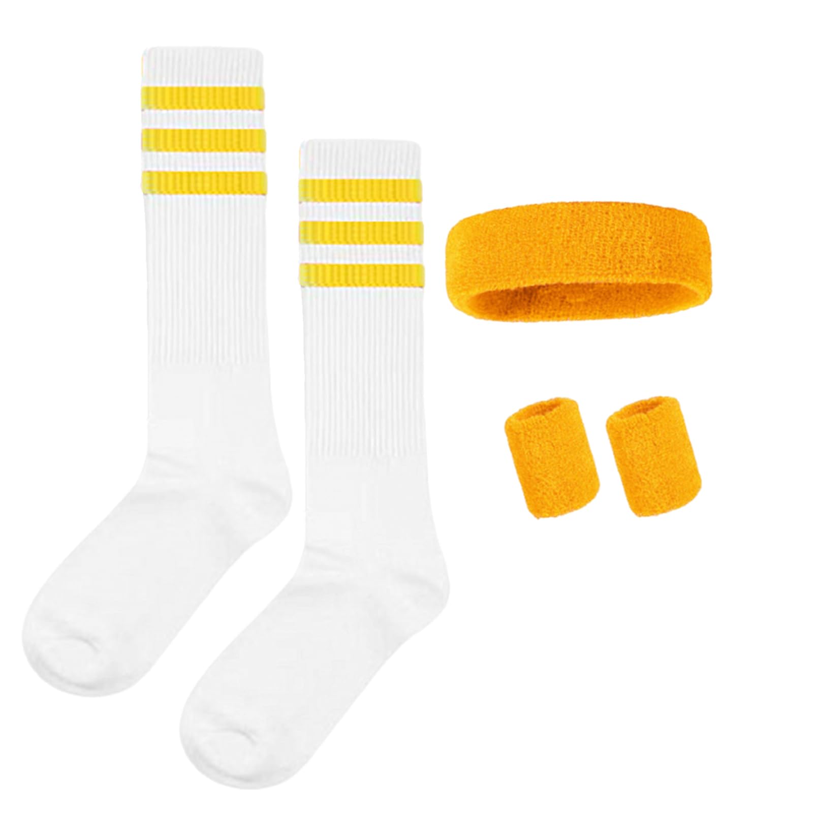 Lufdegim Sweatband and Socks Set, 80s 90s Sweatband Striped Headband, Bracelet, Striped High Socks for Women Men Sports Running Cycling Carnival Costumes Party, yellow, Socken 28cm, Stirnband 18x5cm