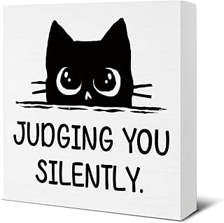 Cat Bathroom Decor - Cat Decorations - Judging You Silently Wood Sign Home Bathroom Toilet Shower Room Restroom Shelf Table Wall Tabletop Desk Decorations 5×5 Inches