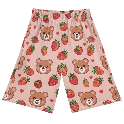 Cute Face Bear Strawberries Short Pajama Pants Bottoms Soft Sleepwear with Pockets