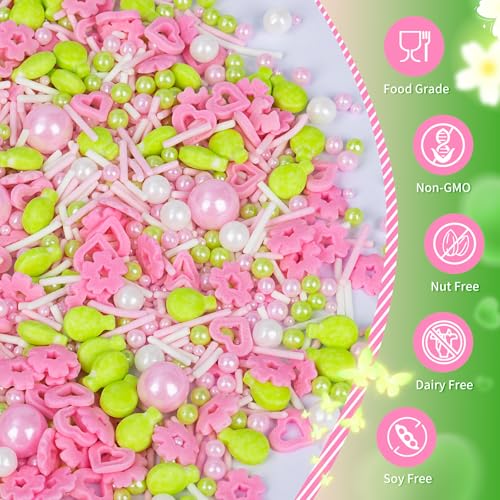 Image of Edible Sprinkles for Cake Decorations,Pink White Pearls and Jimmies,Heart and Flowers,Bright Green Balloons Sprinkle Mix,Spring Candy Sprinkles for Cakes,Cupcakes,Dessert Tables & Party Favors,Food Grade Sugar Decorating for Brunch,Wedding Birthday & Spring Baking