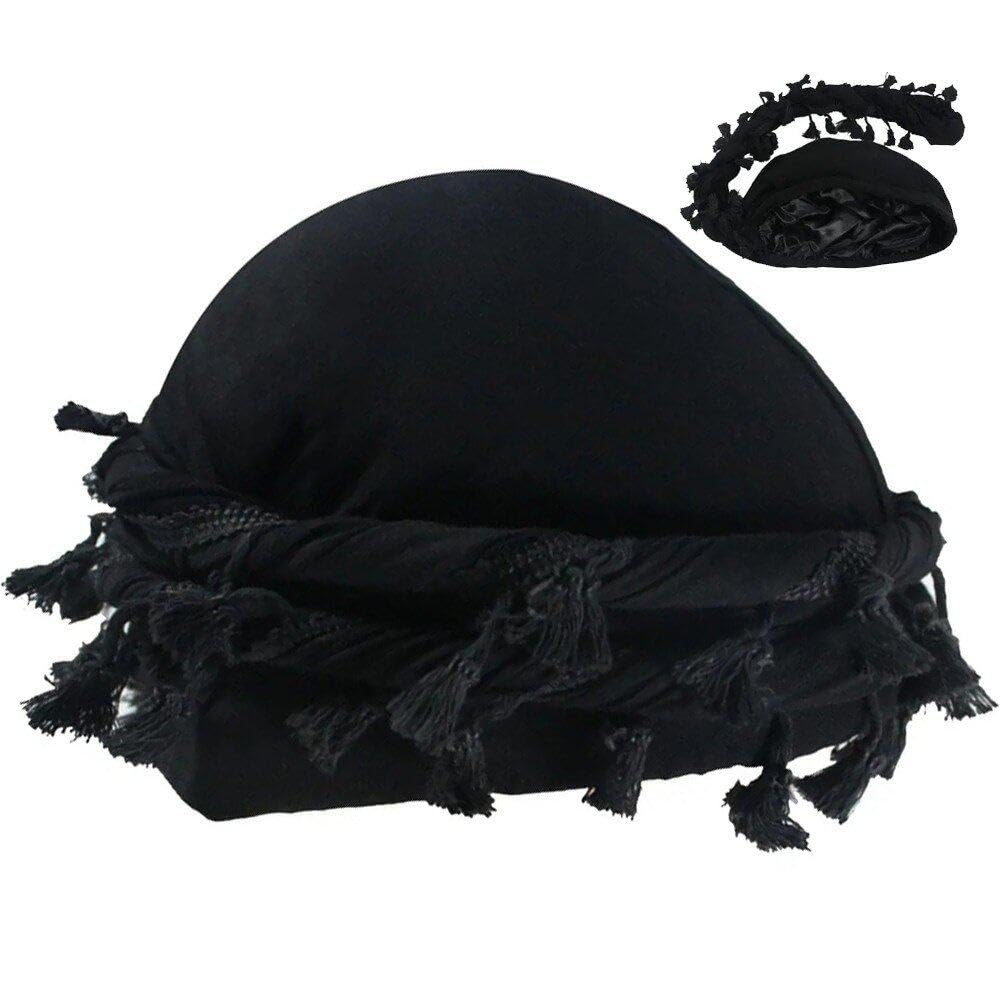 Luxylei Men's Black Vintage Twist Head Wraps Durag With Tassel For Stretch Turban Scarf Tie Boys Hair Head Wrap Scarf