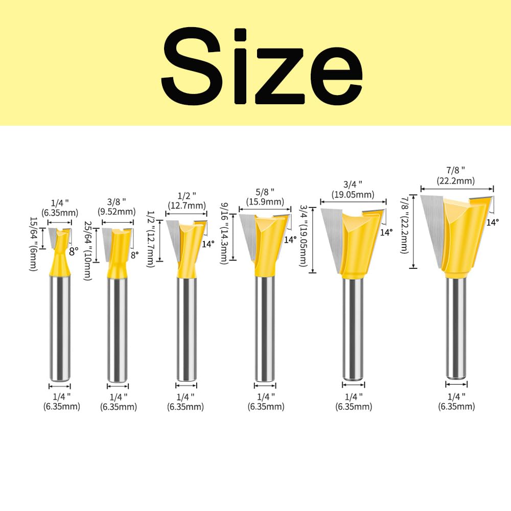 SagaSave 6Pcs Carbide Dovetail Router Bits 6 Sizes with 1/4