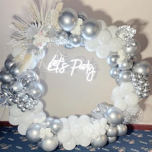 Image of White and Silver Balloon Arch Kit, 140Pcs White Metallic Silver and Silver Confetti Party Balloon Garland Kit for Birthday, Wedding, Engagements, Baby Shower, Anniversary Party Decorations