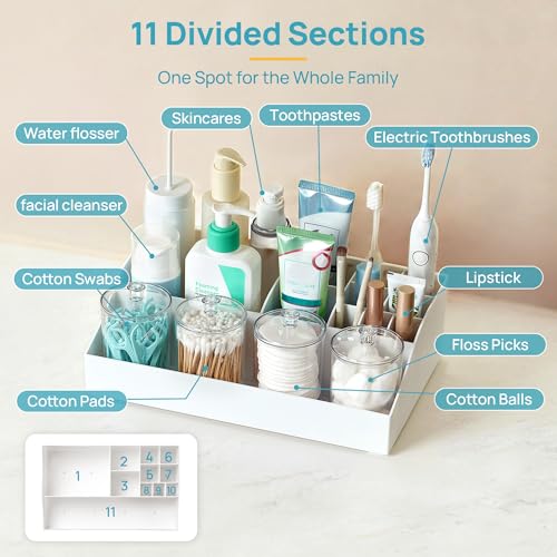 Image of Vtopmart 5 PCS Bathroom Countertop Organizer, 1 Divided Tray with 4 Qtip Holder Jars, Restroom Clear Organizers for Toothbrush, Cotton Pads Balls, Floss, Bathroom Vanity Accessories Storage Set, White
