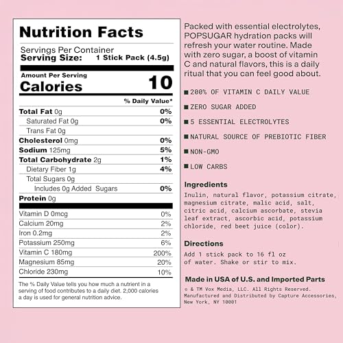 Image of POPSUGAR Electrolyte Hydration Drink Mix Packets, 20 Single-Serve Packs (Watermelon), Zero Sugar Electrolytes Powder, Naturally-Flavored Water Enhancer, Non-GMO Powdered Drink Mix with Vitamin C