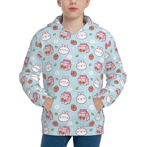 Cute Rabbit with Strawberry Milk Kid Hoodies Boys Sweatshirts Girls Pullover with Pocket