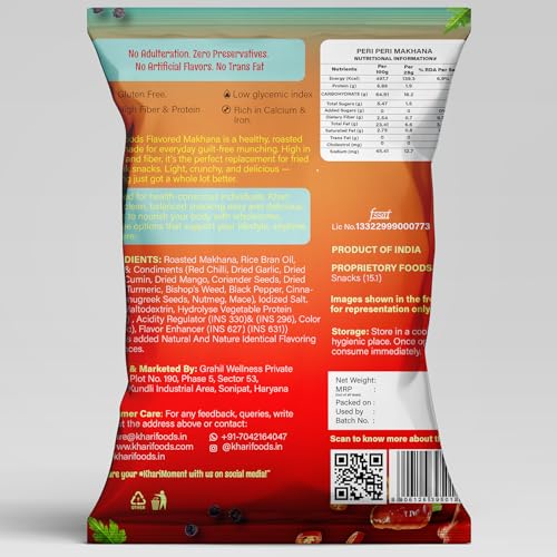 Image of Khari Foods Premium Flavoured Makhana 25g, Crunchy & Roasted Makhana Pops, Protein Source, Fibre Rich, No Palm Oil, Gluten Free (Peri Peri Pack 4)