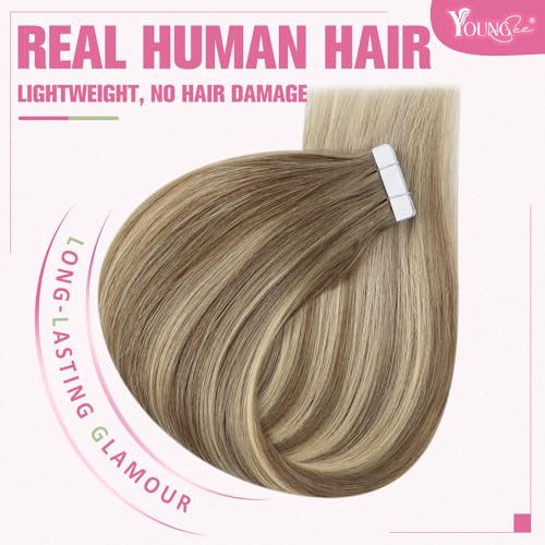 Image of YoungSee Human Hair Tape in Extensions 24 Inch, Hair Extensions Tape in Brown Balayage, Tape Extension Human Hair, Light Brown Ombre Platinum Blonde, Long Hair, for Wedding, 50g 20pcs