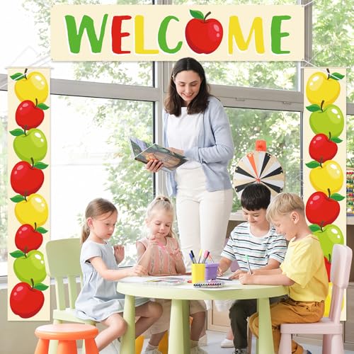 Image of Funrous 3 Pcs Back to School Welcome Door Banners New School Year Door Decorations Apple Theme Welcome Porch Sign Hanging Porch Photo Props for Wall Outdoor Indoor Classroom Party Supplies
