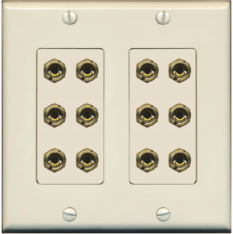 RiteAV 12 Banana 6 Speaker Surround Female Coupler Decorative Wall Plate - 2 Gang [Black/Black]