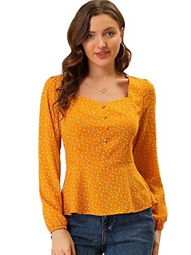 Allegra K Women s Heart Sweetheart Neck Puff Sleeve Ruffle Hem Peplum Top X-Small Yellow