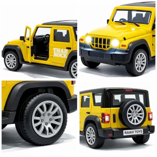 Image of Thar Roxx 1:32 Scale DieCast Metal Pull Back Action Openable Doors 4x4 Thar Premium Car Toy with Lights and Music for Kids,Gift 2+yrs Girls & Boys (Thar 1:32 Scale Yellow)