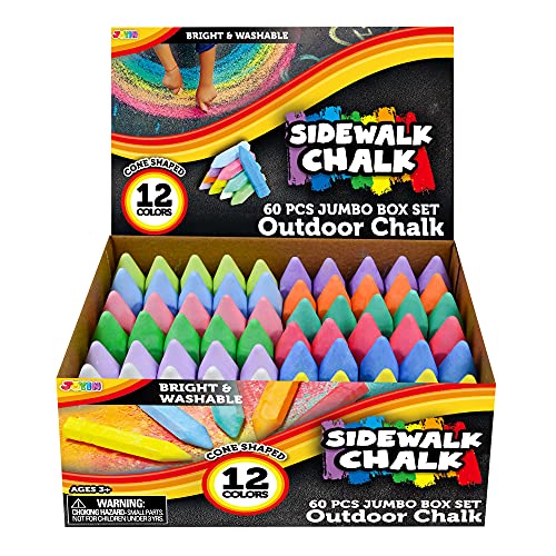 JOYIN 60PCS Cone Shaped Washable Sidewalk Chalks Set in 12 Colors, Non-Toxic Jumbo Chalk for Toddlers, Kids Outdoor Art Play Chalk