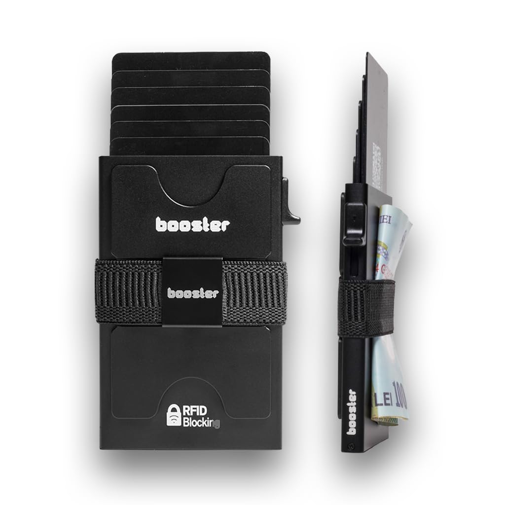 Thin Aluminum Booster Wallet for Men, Durable Stretch Back Plate, Minimalist Metal Pop Up Wallet with RFID Lock, Holds 12+ Cards Plus Cash 1, One Size, Modern