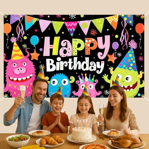 Image of Happy Birthday Backdrop Funny Monster Black Background Photography Background 70.8x43.3in Kids Party Decorations Boys Girls