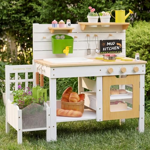 Frogprin Outdoor Mud Kitchen for Kids, Wooden Play Kitchen with Plant Growing Box