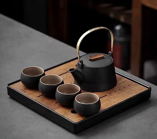 TRENDVEI Juego de té de cerámica gruesa japonesa tetera china con asa de bucle Kungfu con infusor 4 tazas y 1 bandeja de té