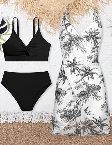 Girls Swimsuits 3 Piece Tropical Print Bathing Suits Twist Cross Bikini Set with Backless Wrap Dress Cover Up4