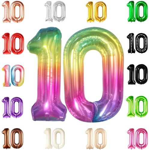 KatchOn, Giant Rainbow Number 10 Balloon - 40 Inch | 10th Bday Decorations | Rainbow 10th Birthday Balloons for 10 Birthday Party Decorations rainbow | Wedding Anniversary Decoration