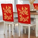 Savannan Dining Chair Back Covers Set of 4, Chinese Spring Festival Burlap Linen Chair Protective Slipcovers for Holiday Party Festival Decoration, New Year Dragons on Red Under