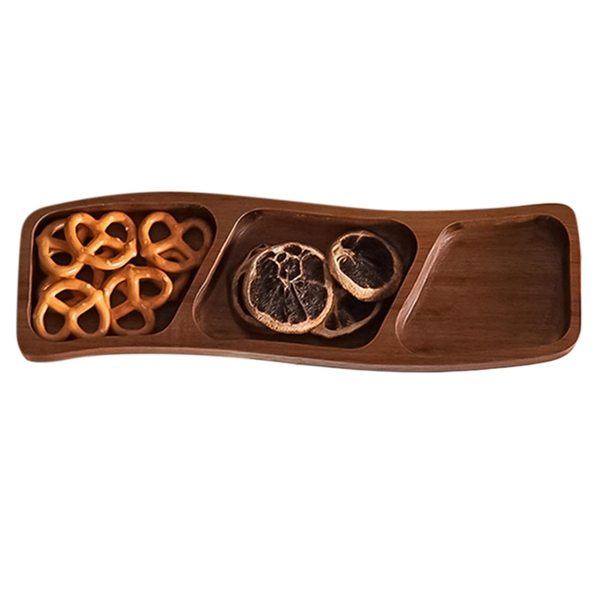 CTRLZS 1Pcs Wooden Three-Compartment Curved Snack Shallow Plate, Dried Fruit Candy Tray, Seasoning Dipping Shallow Plate