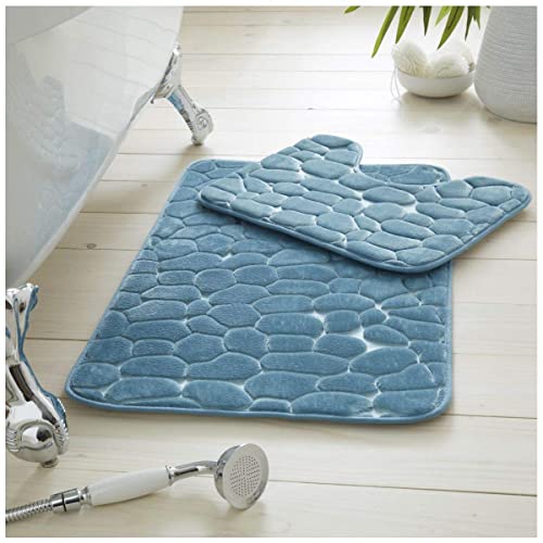GC GAVENO CAVAILIA Premium 2 Piece Pebble Bath Mat Non Slip Pedestal Set, Extra Absorbent 100% Memory Foam Bathroom Toilet Rug, Regular (50x80, 50x40 cm), Aqua