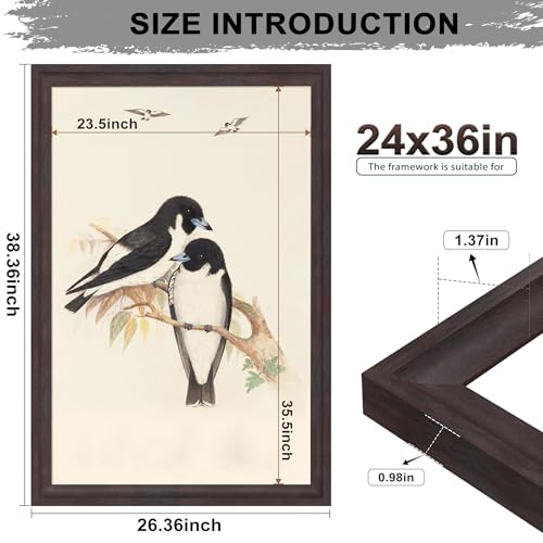 Image of 24x36 Poster Frame Walnut Brown with Black Back Board, Curved Extra Wide Edges, Wooden Vintage Style Poster Frame 24x36 inches for Wall Decor.