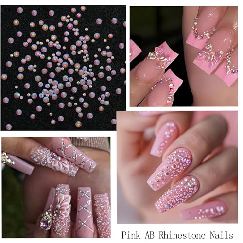 SEMATA Light Pink AB Nail Art Rhinestones Flatback Nail Charms Hot Pink AB Nails Gem Diamond Flatback Nails Art Rhinestones Accessories Decoration Design for Women — view 2
