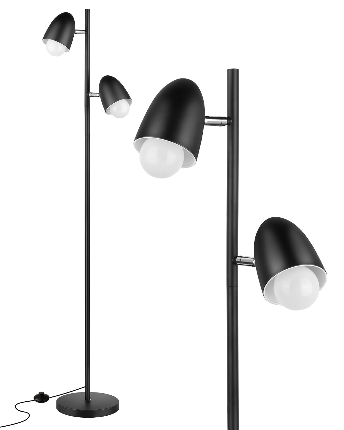 LED Stehleuchte mit 2 verstellbaren Köpfen, 170CM Wohnzimmer Stehlampe mit E27 Fassungen Max.60W, Industrial Leselampe (mit 2 Leuchtmittel) für Schlafzimmer Büro - Schwarz