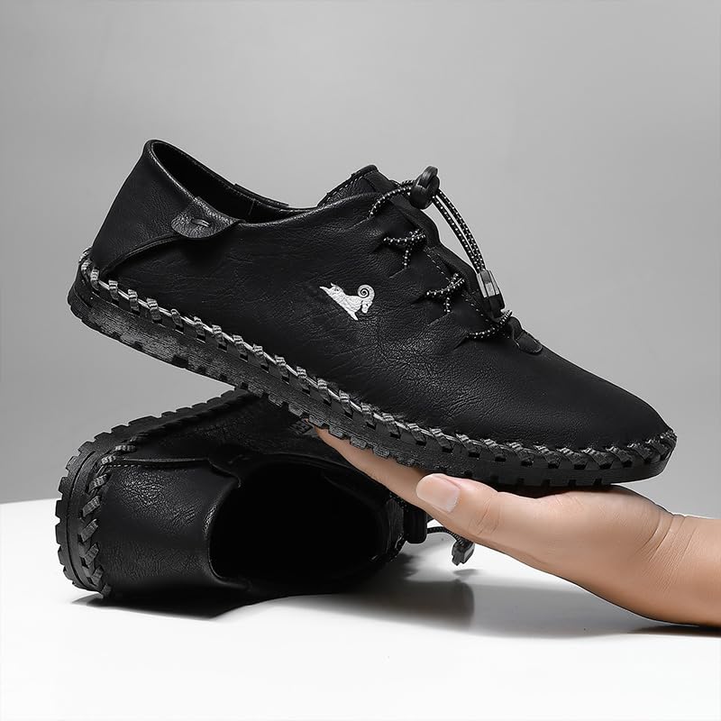 RiceelSor Men's Casual Leather Hand Stitched Low-Top Loafers No Tie Elastic Locks Solid Summer Breathable Fashion Work Office Business Walking Sneakers3
