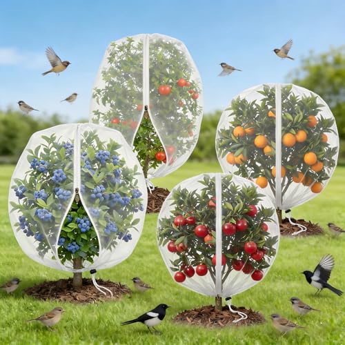 4 Stück Gartenpflanzenschutzabdeckungen von Tieren mit Kordelzug Tomaten Heidelbeersträucher Netz Gartenpflanzennetz Barrierebeutel für Vögel Blumen Gemüse Baum Früchte