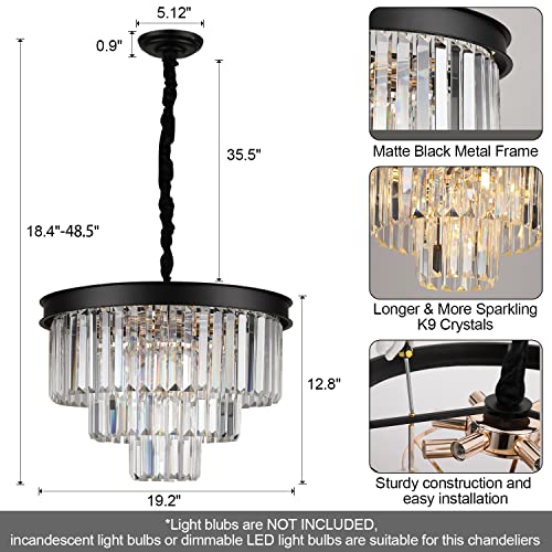 Image of Black Crystal Chandelier Modern 20 inch Round Light Fixtures for Living Room
