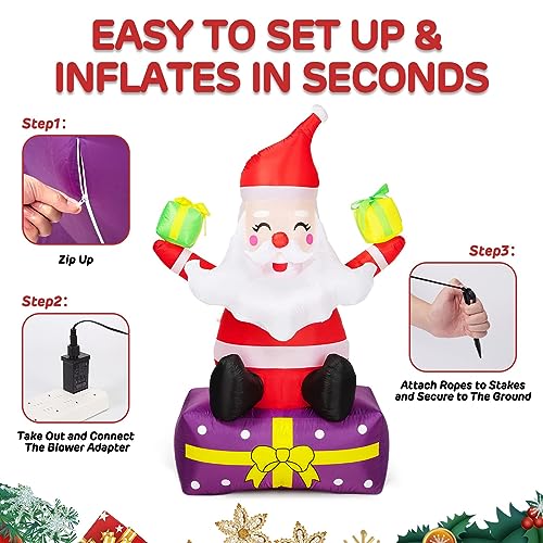 Christmas Inflatables 6 Ft Christmas Outdoor Decorations Inflatable Santa Claus with Gift Boxes Xmas Santa Claus Blow Up Yard Decor, Built-in LED Lights with Tethers, Stakes for The Yard, Lawn, Garden