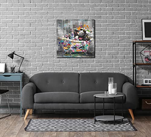 Kepgonegu Bathroom Wall Art Funny Gorilla In The Bathtub Graffiti Canvas Wall Art Black And White Wall Art Ready To Hang Size 20”W X 20”H #TOP6