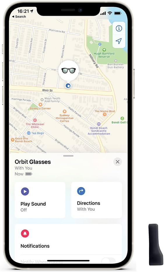 Apple Find My app showing location of Orbit Glasses on a map