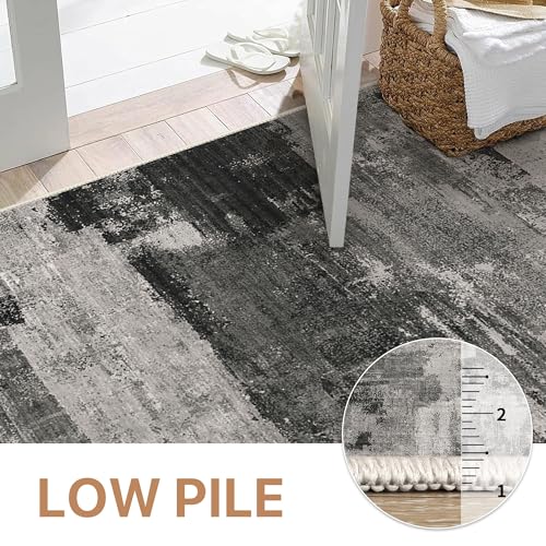 Area Rugs 8x10 for Living Room Bedroom, Modern Abstract Machine Washable Large Soft Black Rug, Low Pile Floor Carpet with Non Slip Backing for Dining Room, Carbon Black