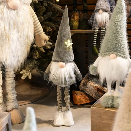 Extendable Christmas Gonk with LED Star, Light Up Festive Gonk with Shimmery Outfit, Christmas Plush Standing Gonk Decoration, Xmas LED Swedish Gnome Figurine, Grey
