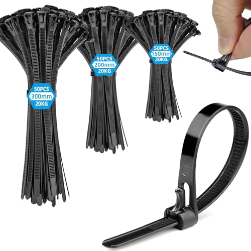 Serre Cable Serflex Noir Réutilisable,150Pièces150/200/300mm Collier de Serrage, Attache Cable Durable Résistant au UV, Zip Ties Pour Cable management, Jardinage,...
