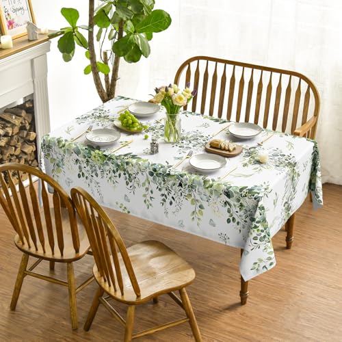 Image of Horaldaily Spring Tablecloth 60 x 120 Inch Rectangular Green Eucalyptus | Seasonal Washable Table Cover for Party Picnic Dinner Decor