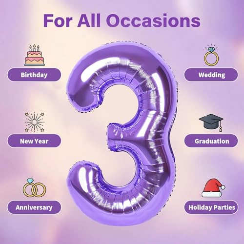 Image of Number Balloons for Birthday Decorations - 40 Inch Large Party Balloons 3, Purple Foil Number Balloons for Boys Girls, Balloons for Party Supplies