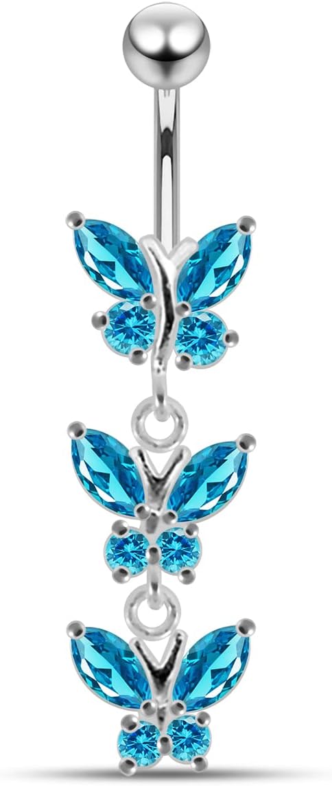Stylish Triple Butterfly Dangling Design 925 Sterling Silver with G23 Grade Titanium Belly Ring - Belly Button jewelry - Navel jewelry